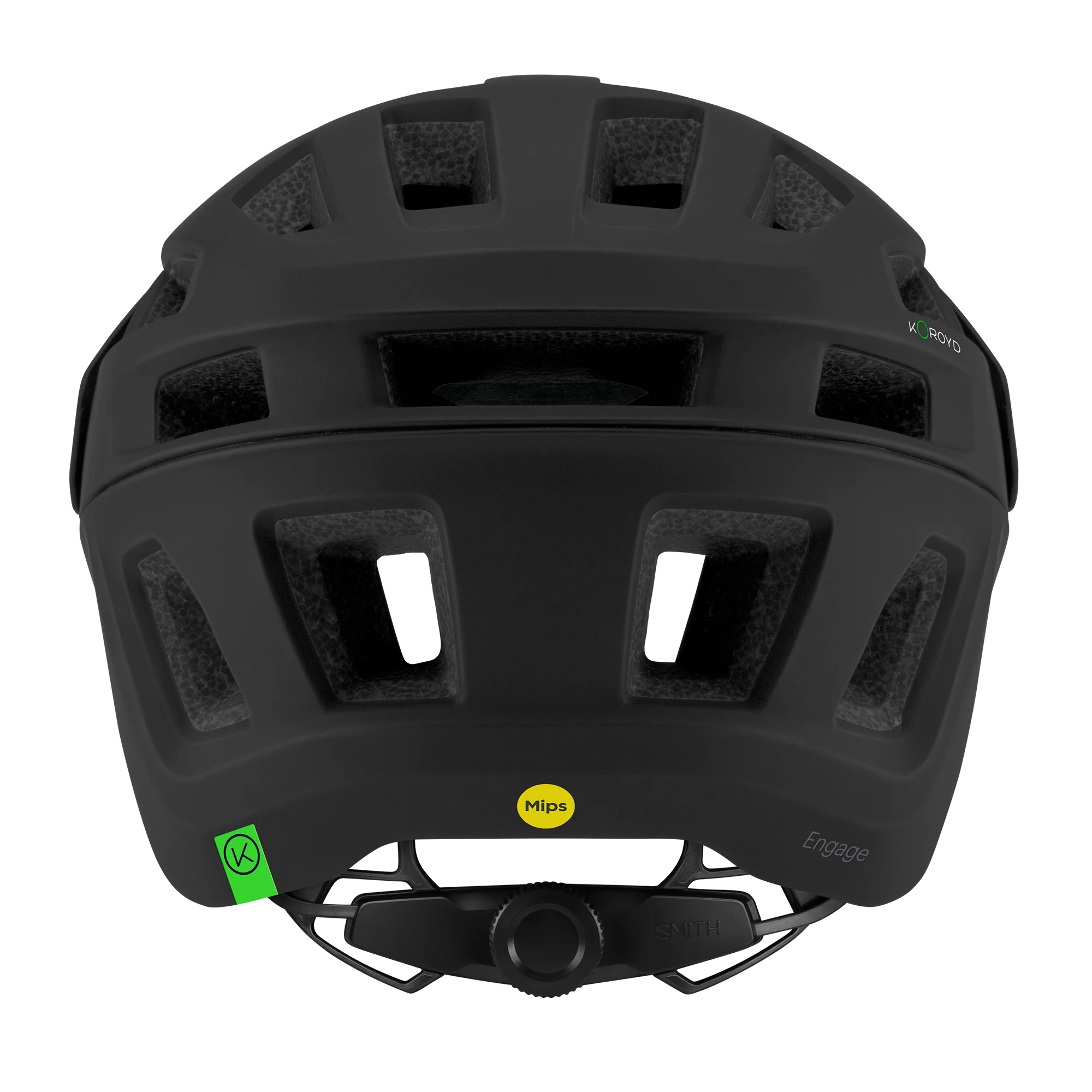 Back of a black Smith Engage mountain bike helmet on a white background