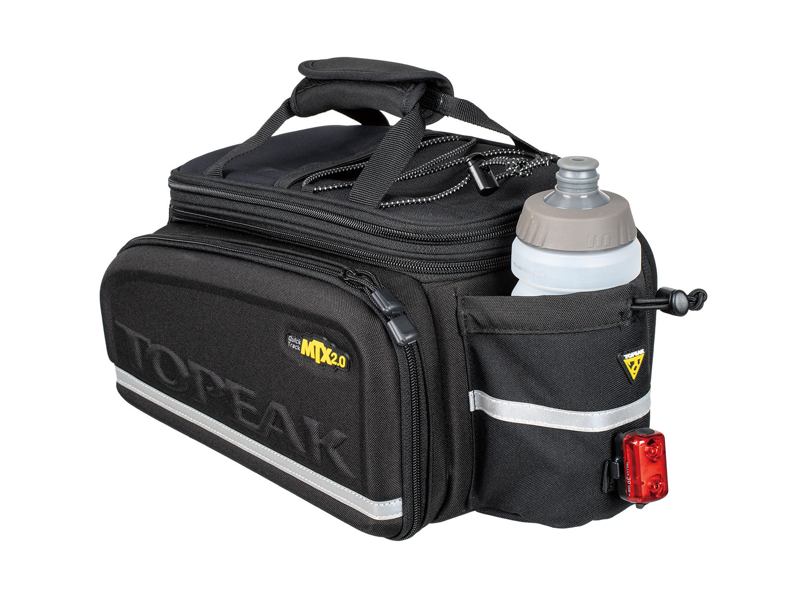 Black bike bag with water bottle holder and Topeak logo on a white background