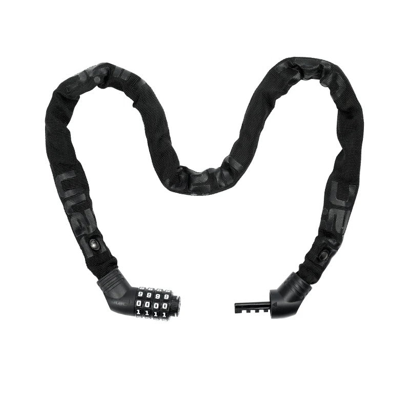 Black bike chain lock with a combination lock on a white background
