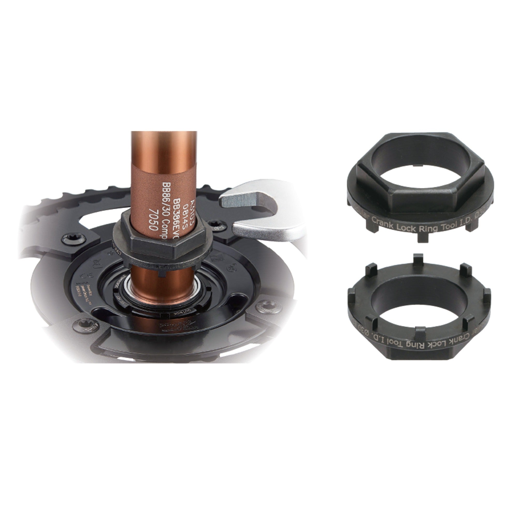 Bicycle crank lock ring tool being used on a crank arm on a white background