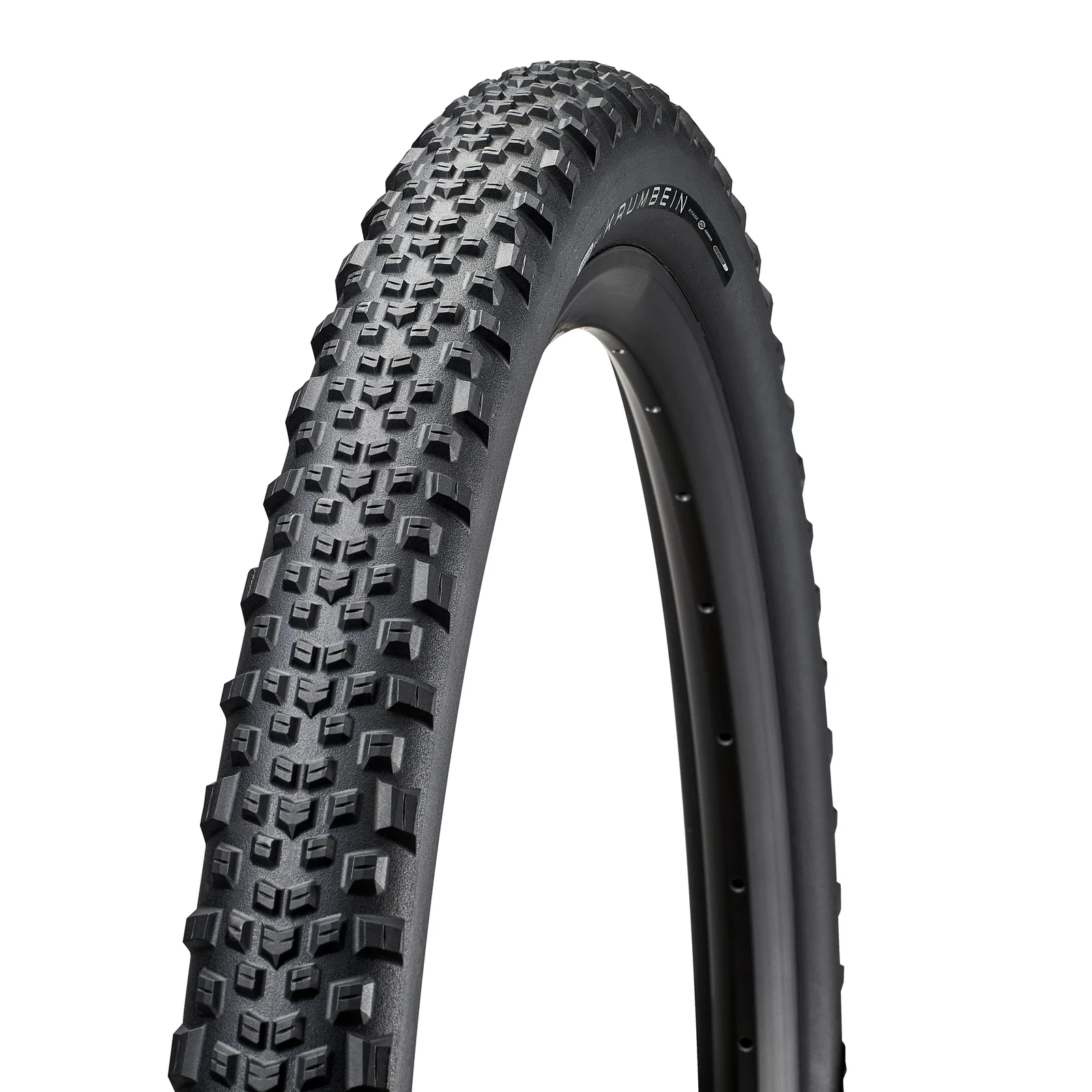Black bicycle tyre with tread pattern on a white background