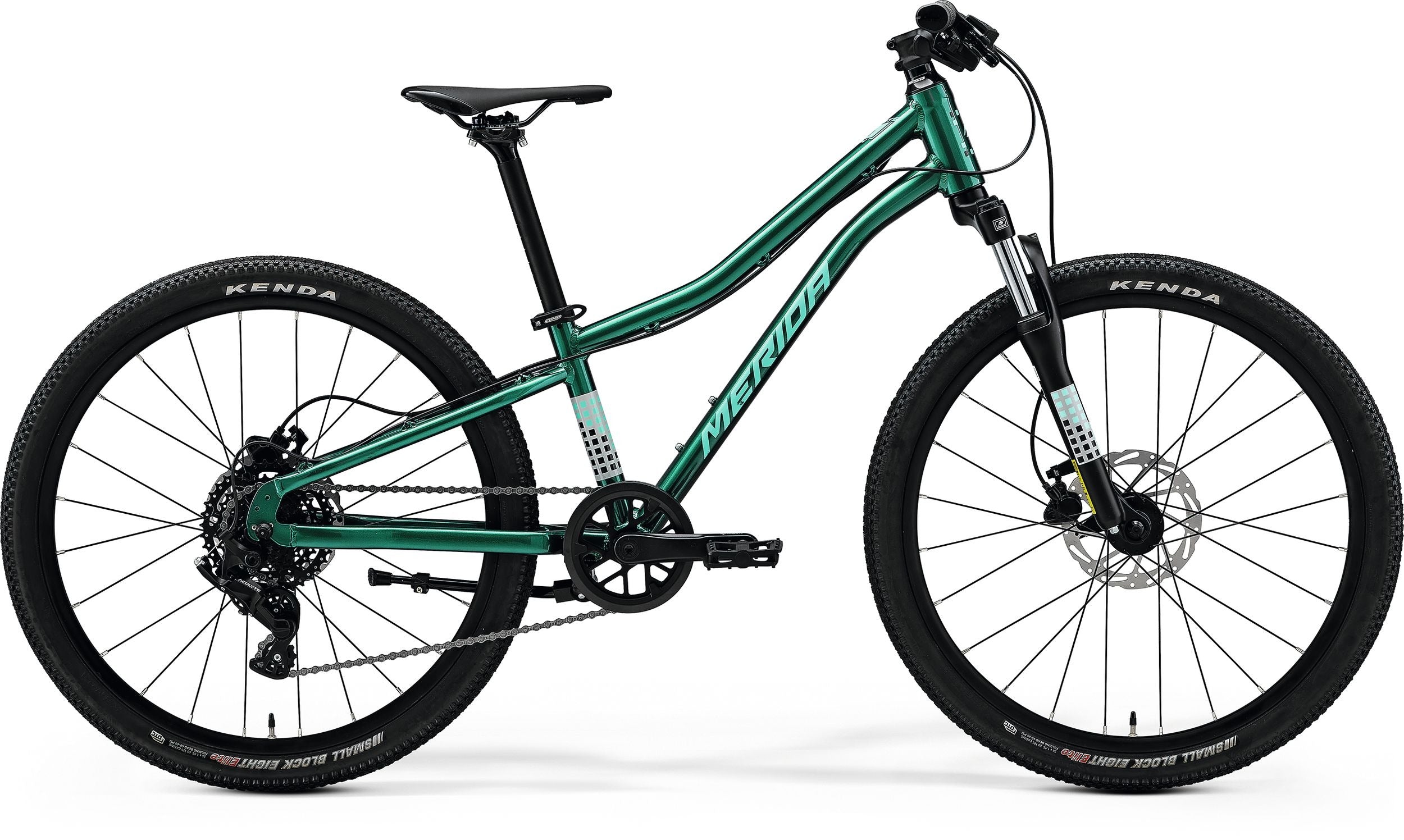 Green Merida kids mountain bike on a white background
