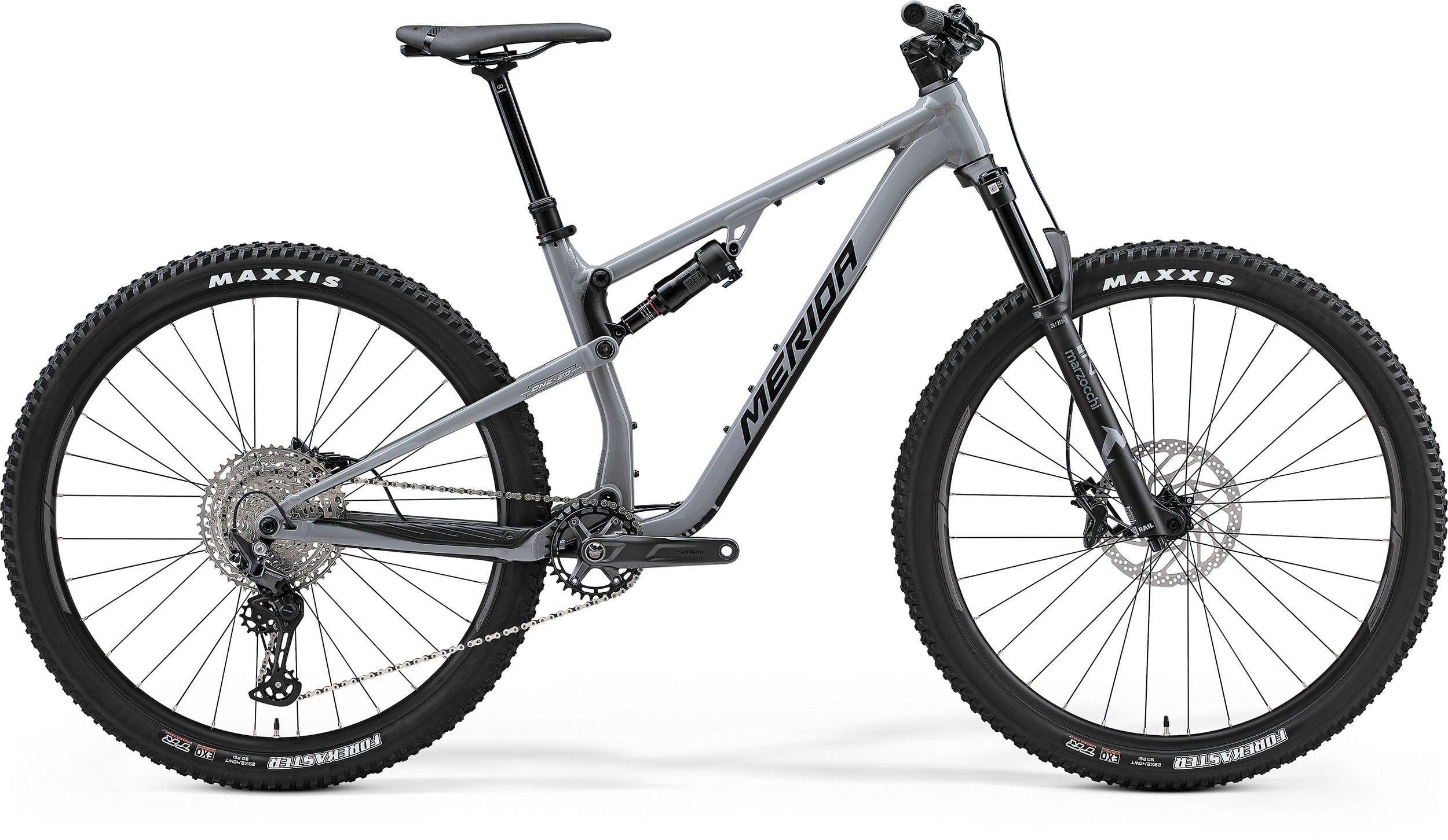 Light grey dual suspension mountain bike against a white background
