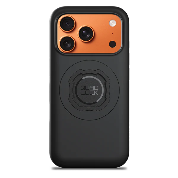 Black Quad Lock phone case with orange accents on a white background