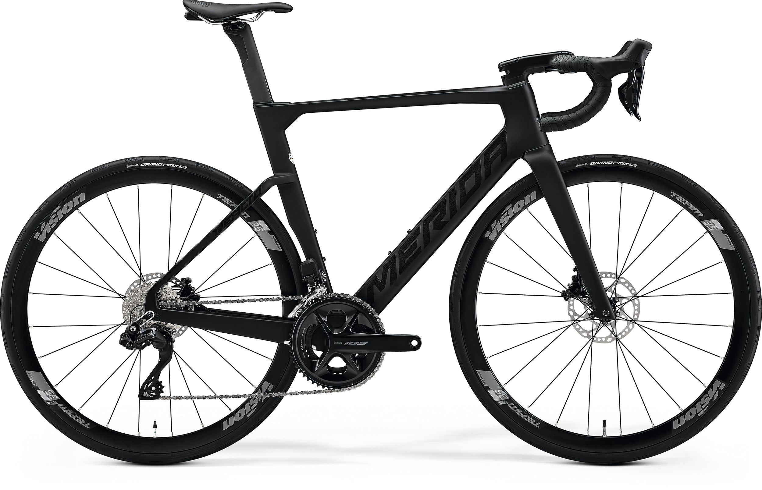 A black Merida Road Bike against a white background