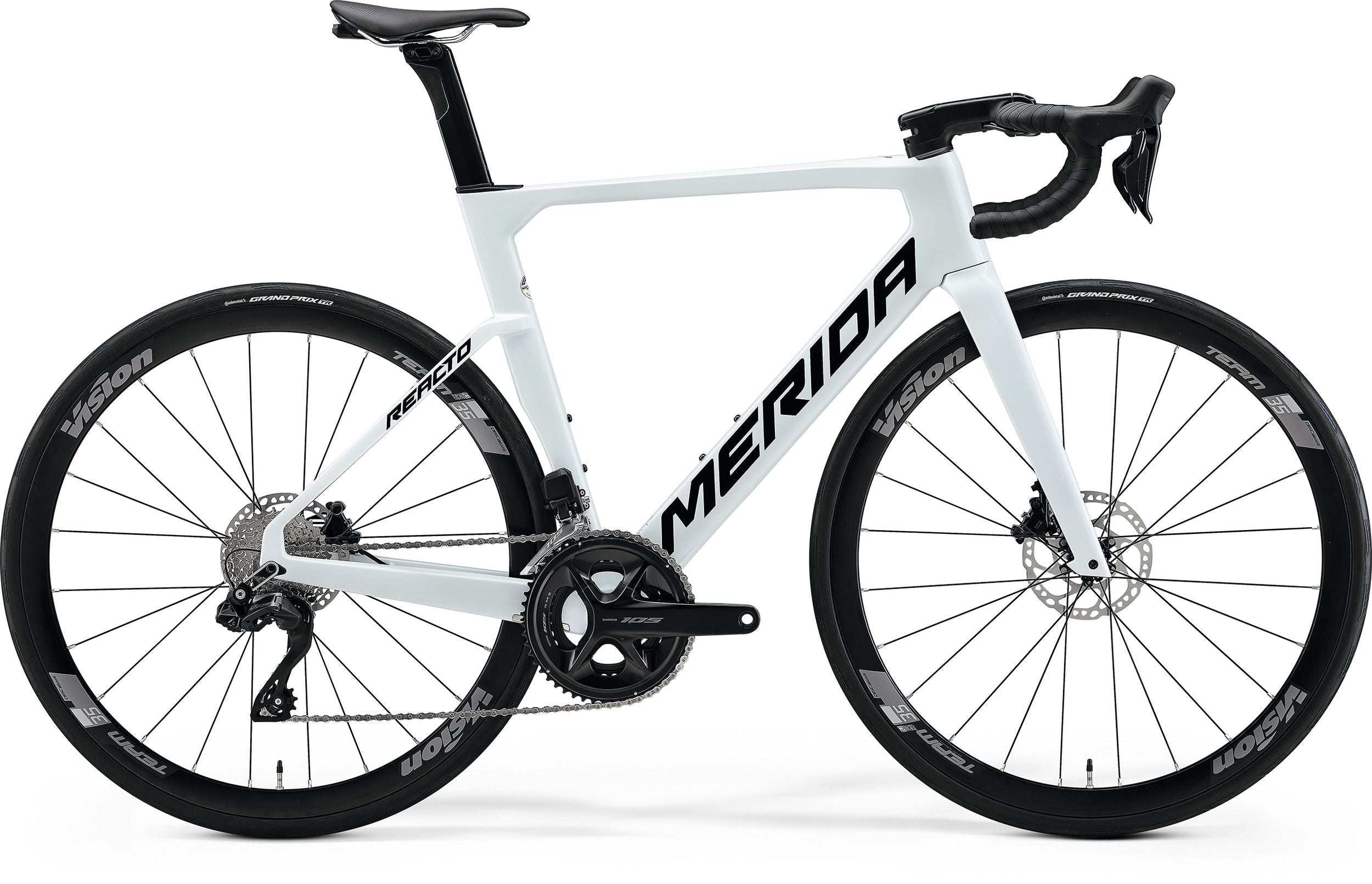 A white Merida Reacto Road Bike against a white background