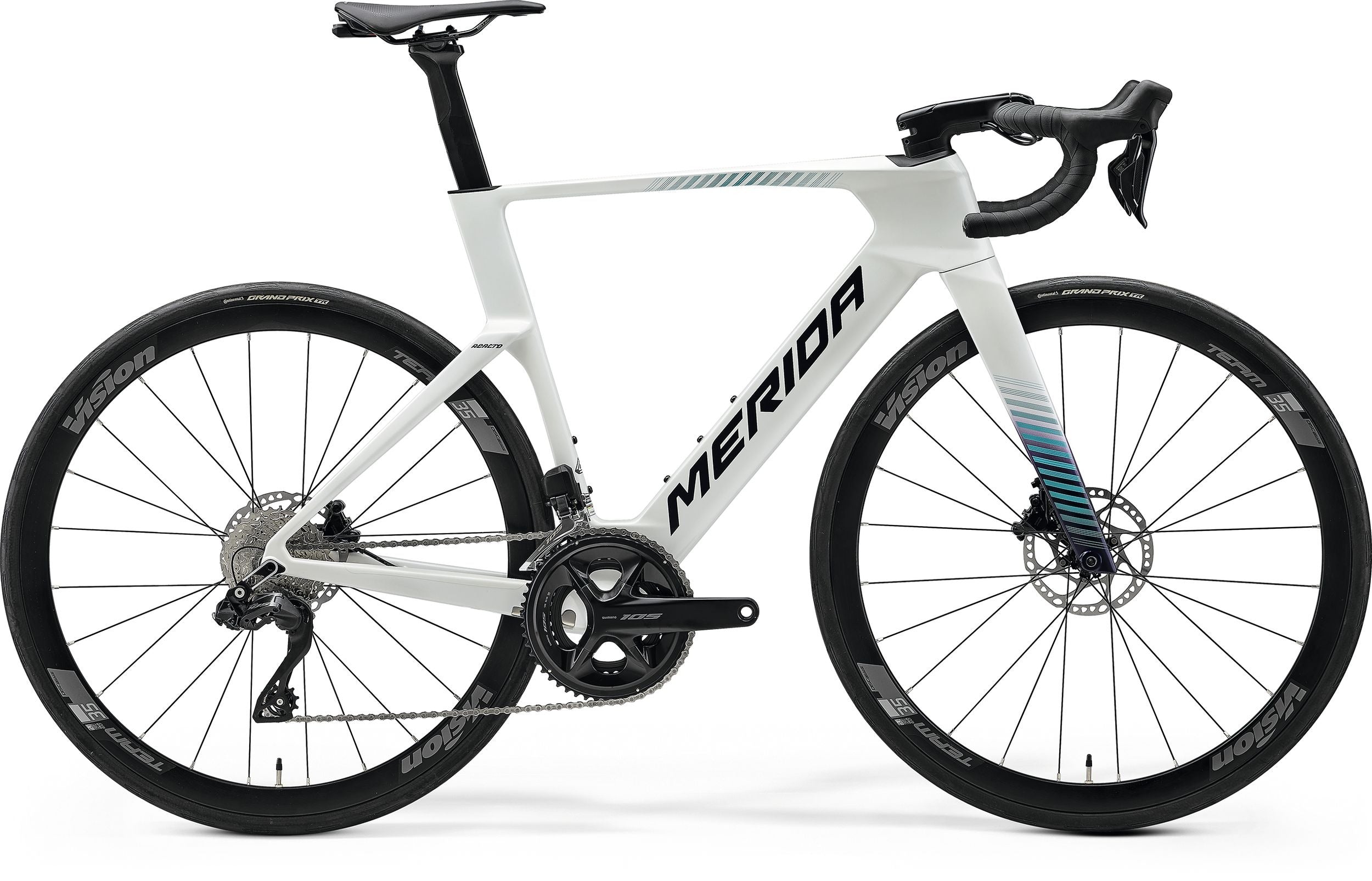 White Merida Road Bike with a blue pattern on the front fork on a white background