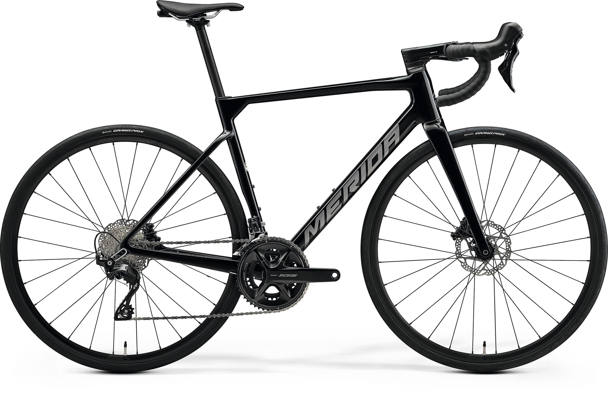Black road bike with 'Merida' branding on a white background