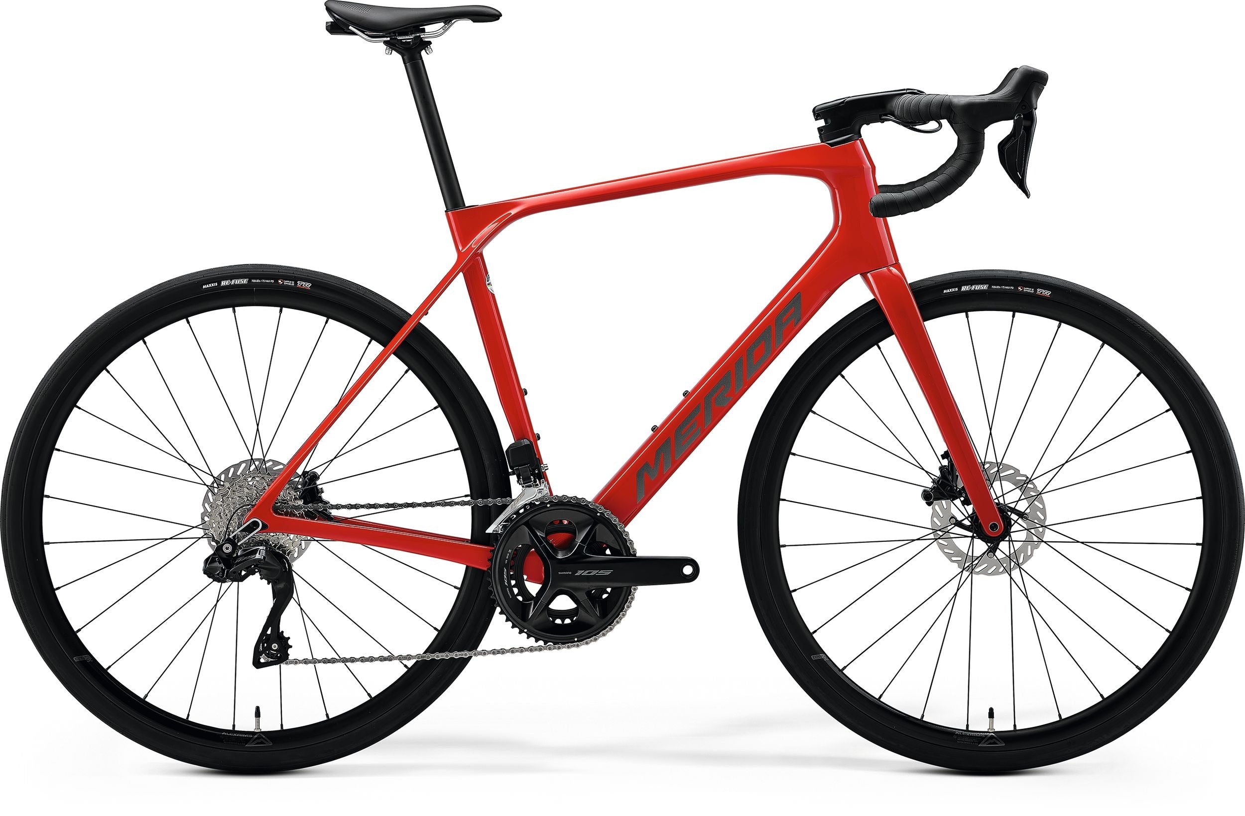 Red Road Bike with black components on a white background