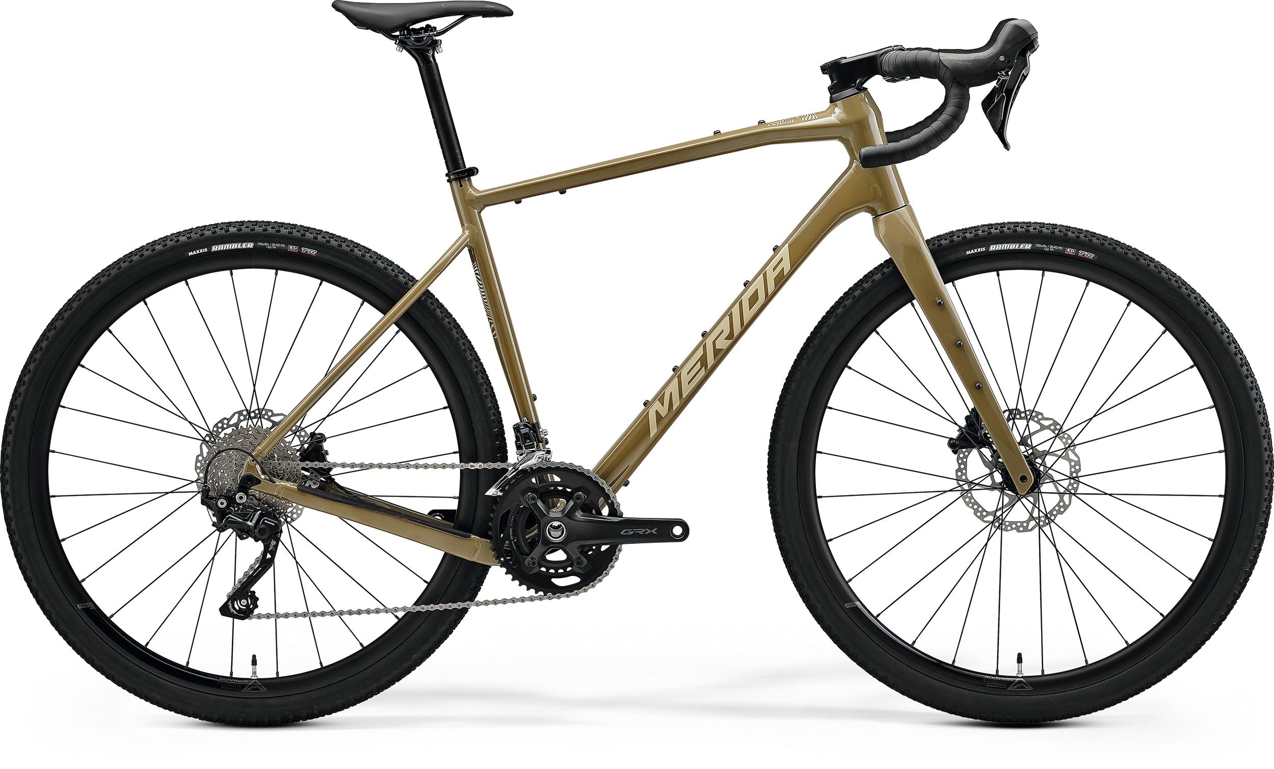 A brown Merida Gravel Bike against a white background