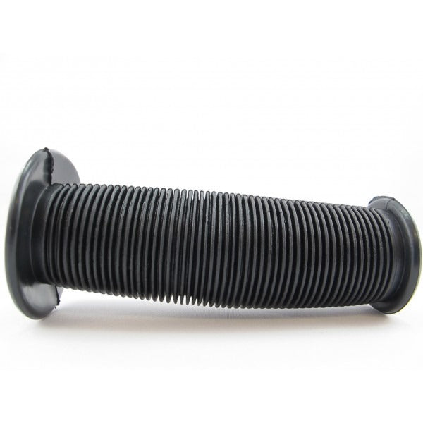 A single black rubber bicycle handlebar grip with a ribbed, threaded center and flared ends, shown on a plain white background.