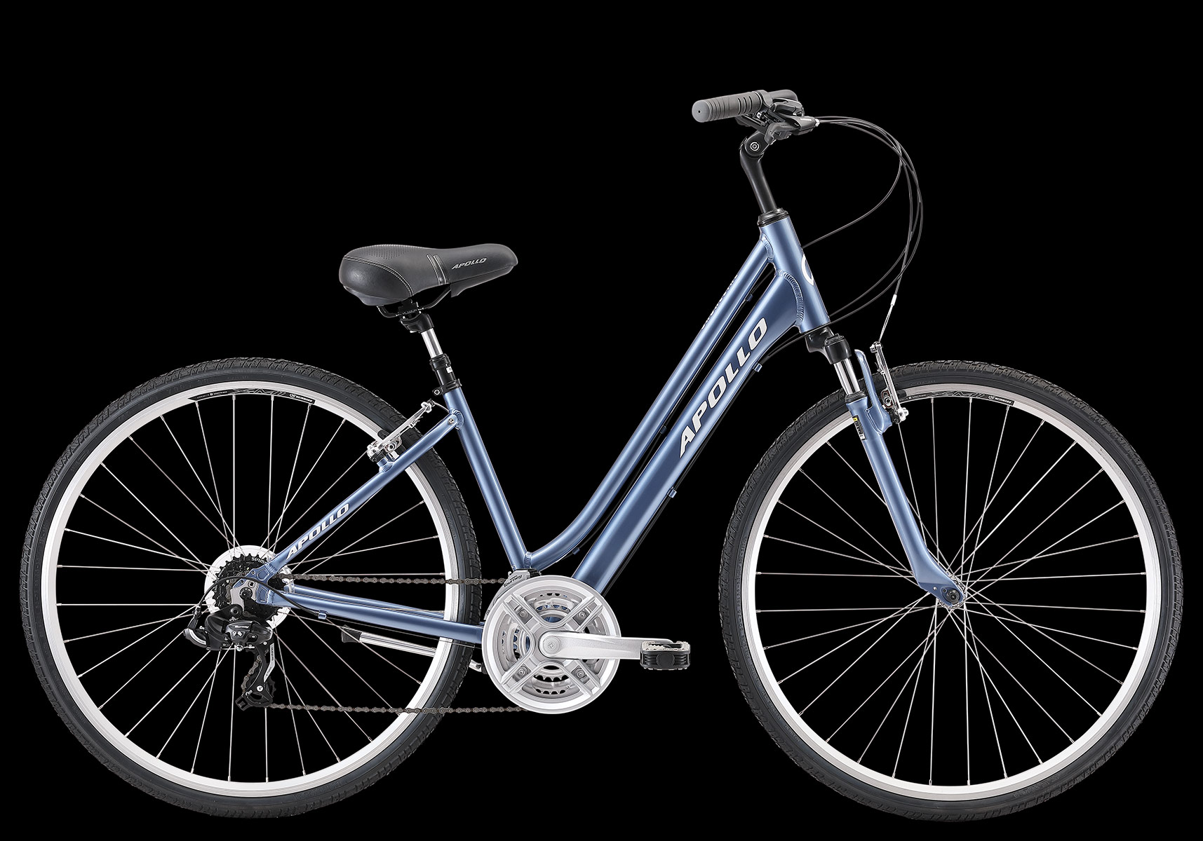 Blue step through hybrid bicycle with Apollo branding on a black background