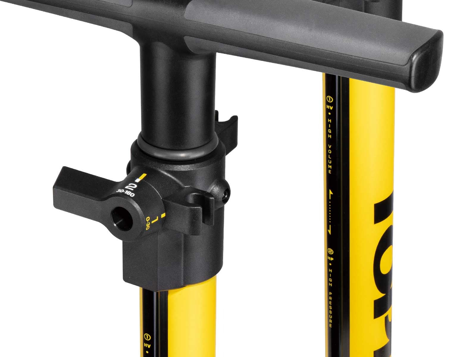 Close up of a yellow and black bicycle pump with a white background