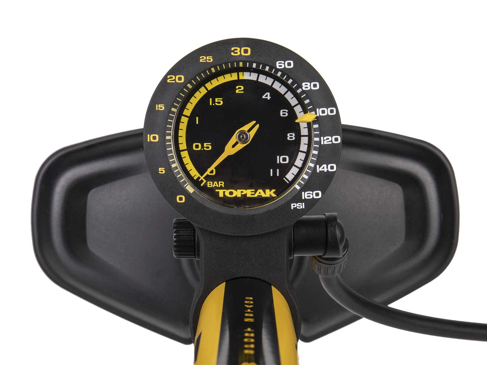 Topeak bicycle pump with pressure gauge on a white background