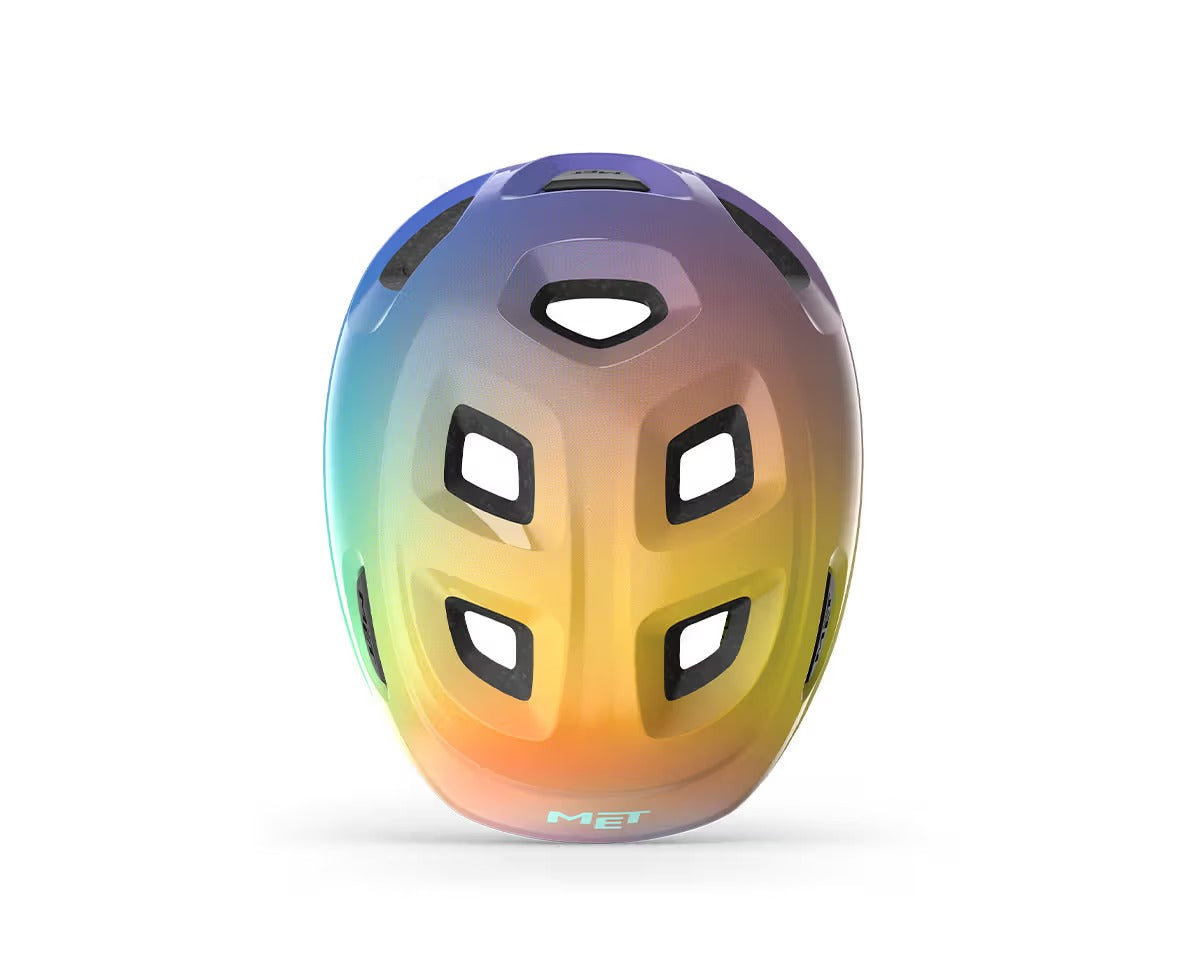 Colorful kids' helmet with gradient design on a white background