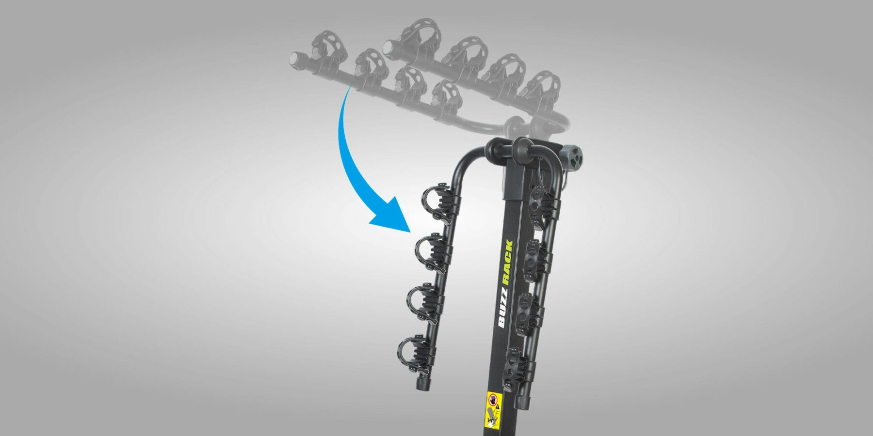 Buzz Rack Bike Rack showing how the arms fold down on a gray background