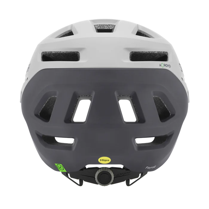 The back of a white and grey Smith mountain bike helmet against a white background