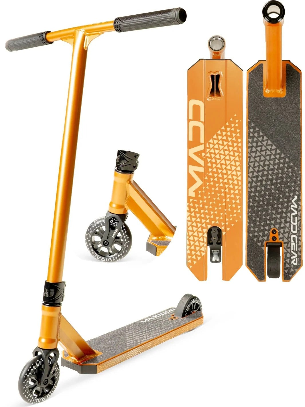 Copper Madd Gear Scooter showing the complete scooter as well as a close up of the front wheel and the top and bottom of the deck on a white background
