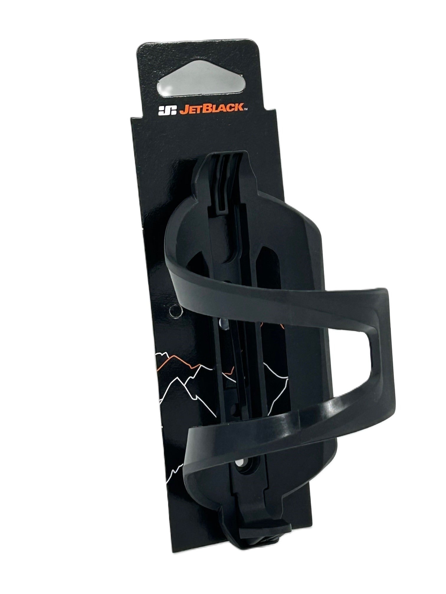Black bicycle bottle holder in packaging with JetBlack branding on a white background