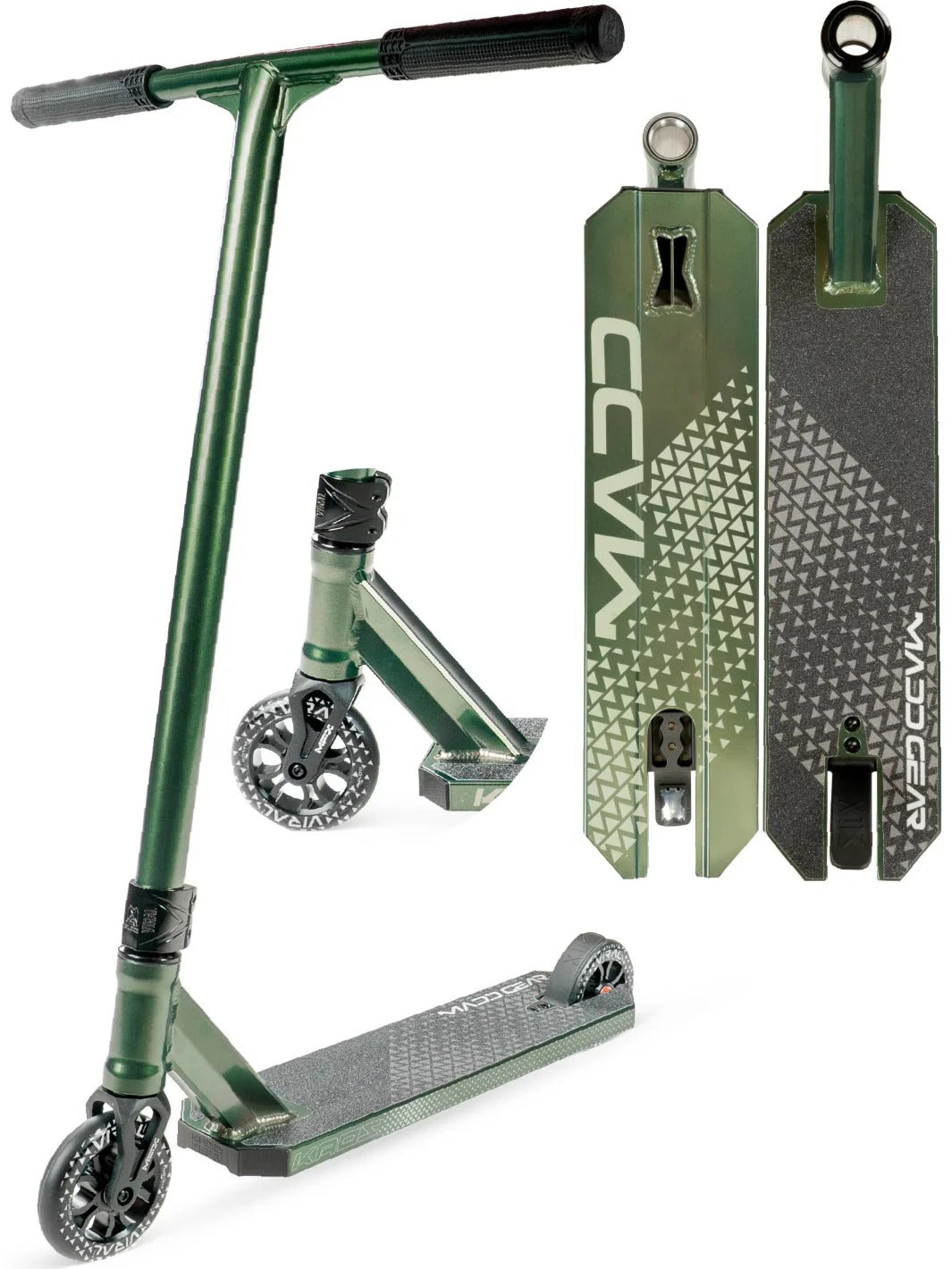 Green MaddGear Scooter showing the wheel as a seperate snippet as well as the top and underneath decks on a white background