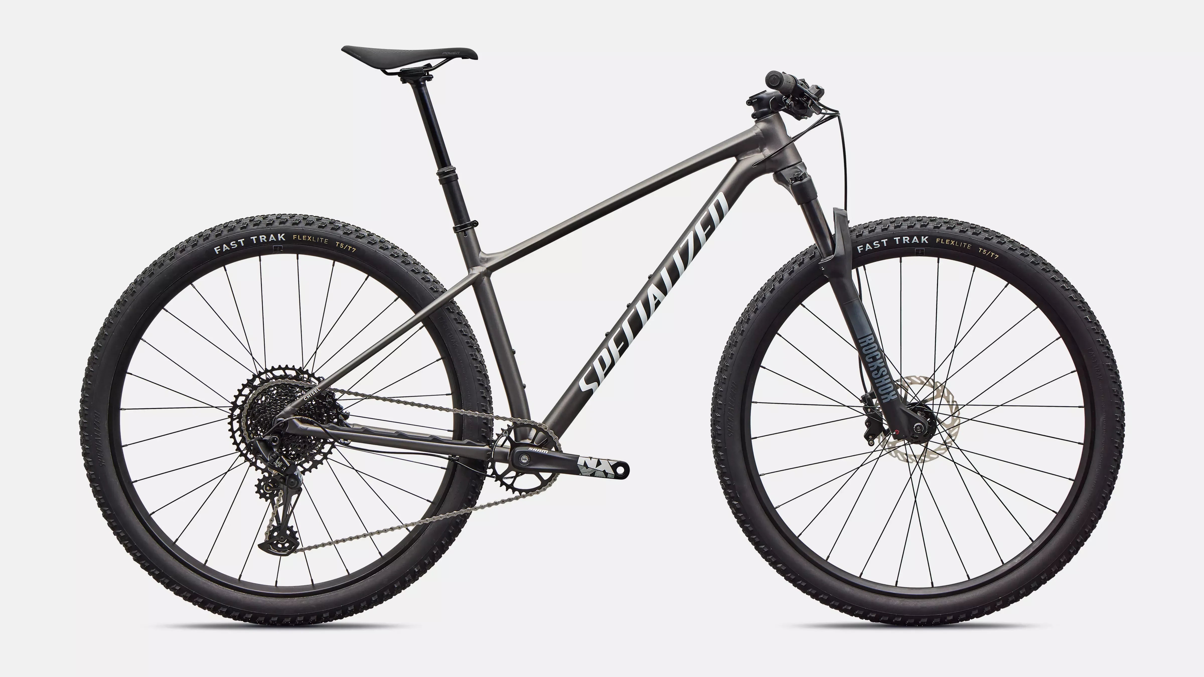 Specialized mountain bike with a dark gray frame on a white background