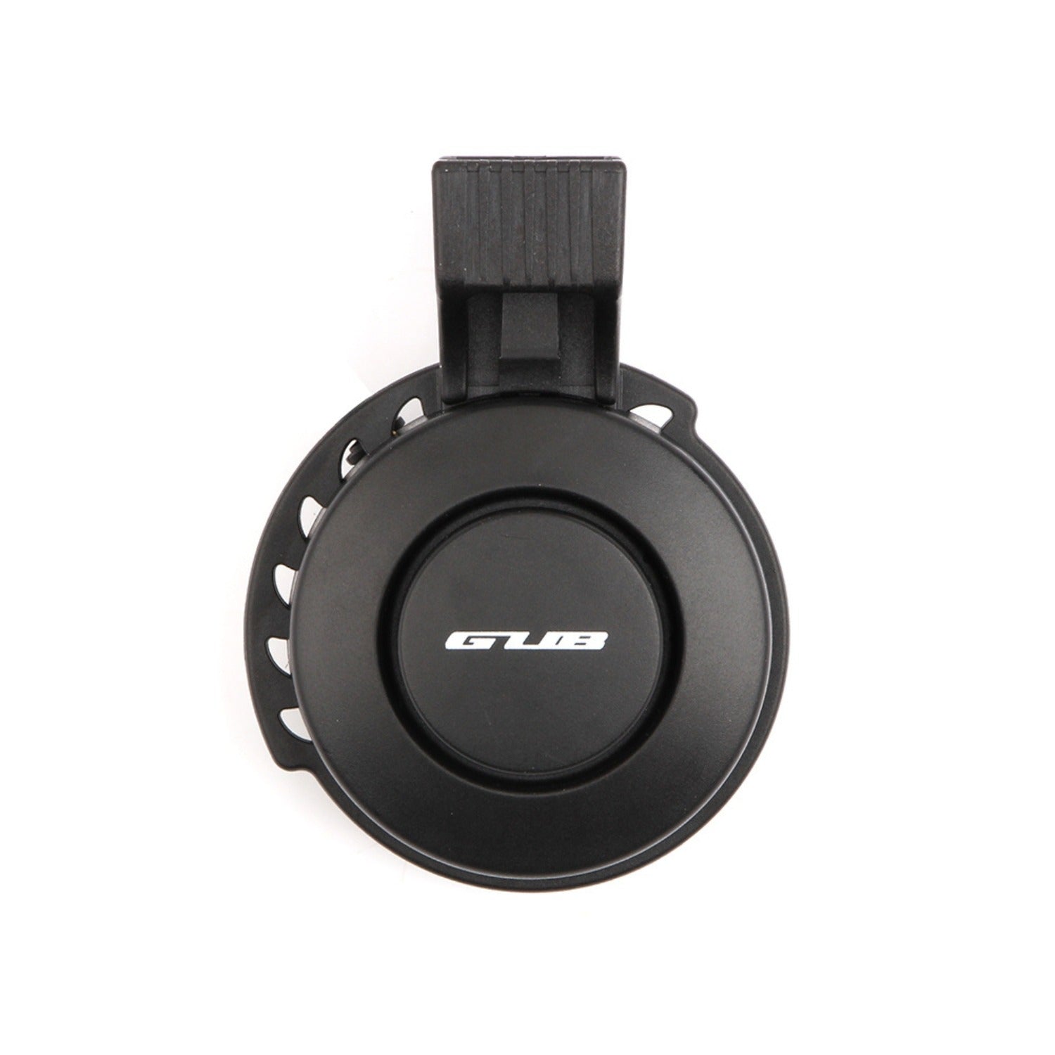 Black bicycle bell with 'GUB' branding on a white background