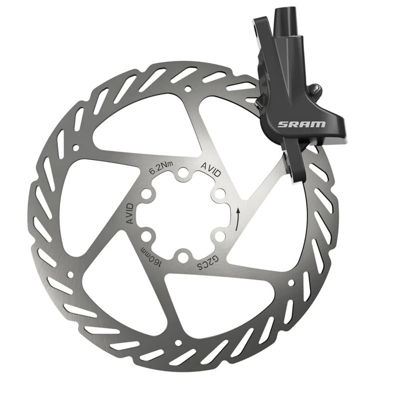 Bicycle disc brake rotor with SRAM caliper on a white background