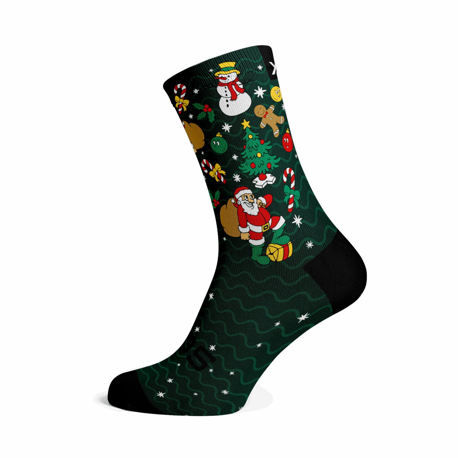 Christmas-themed sock with Santa Claus, reindeer, and gingerbread men on a green background