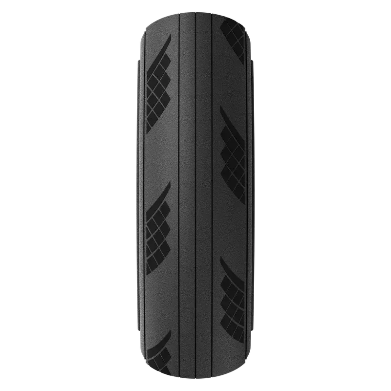 Black road bike tyre showing the tread on a white background