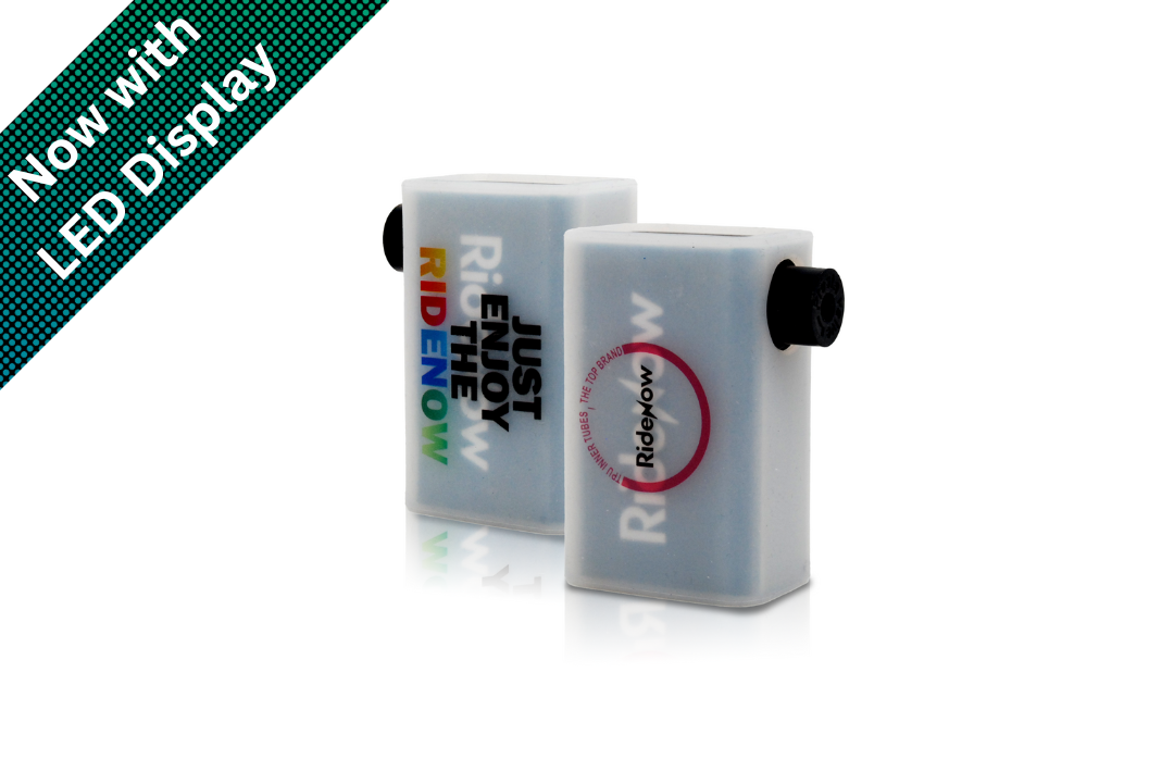 Two Rideow Electric Bike Pumps with translucent white plastic bodies and black side connectors, shown on a white background with a green diagonal banner reading 'Now with LED Display'.