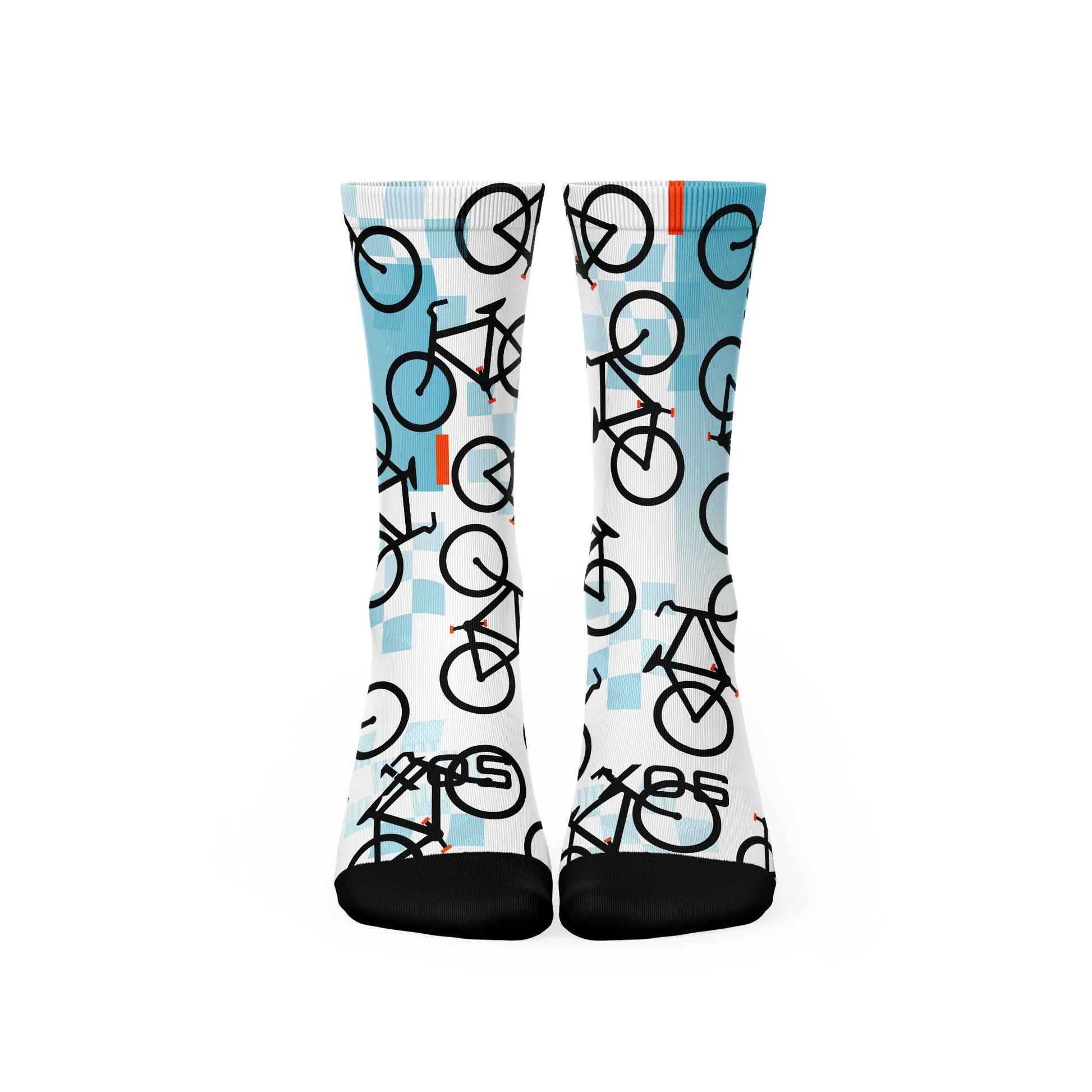 White and blue cycling socks with bikes on the print with black accents on a white background