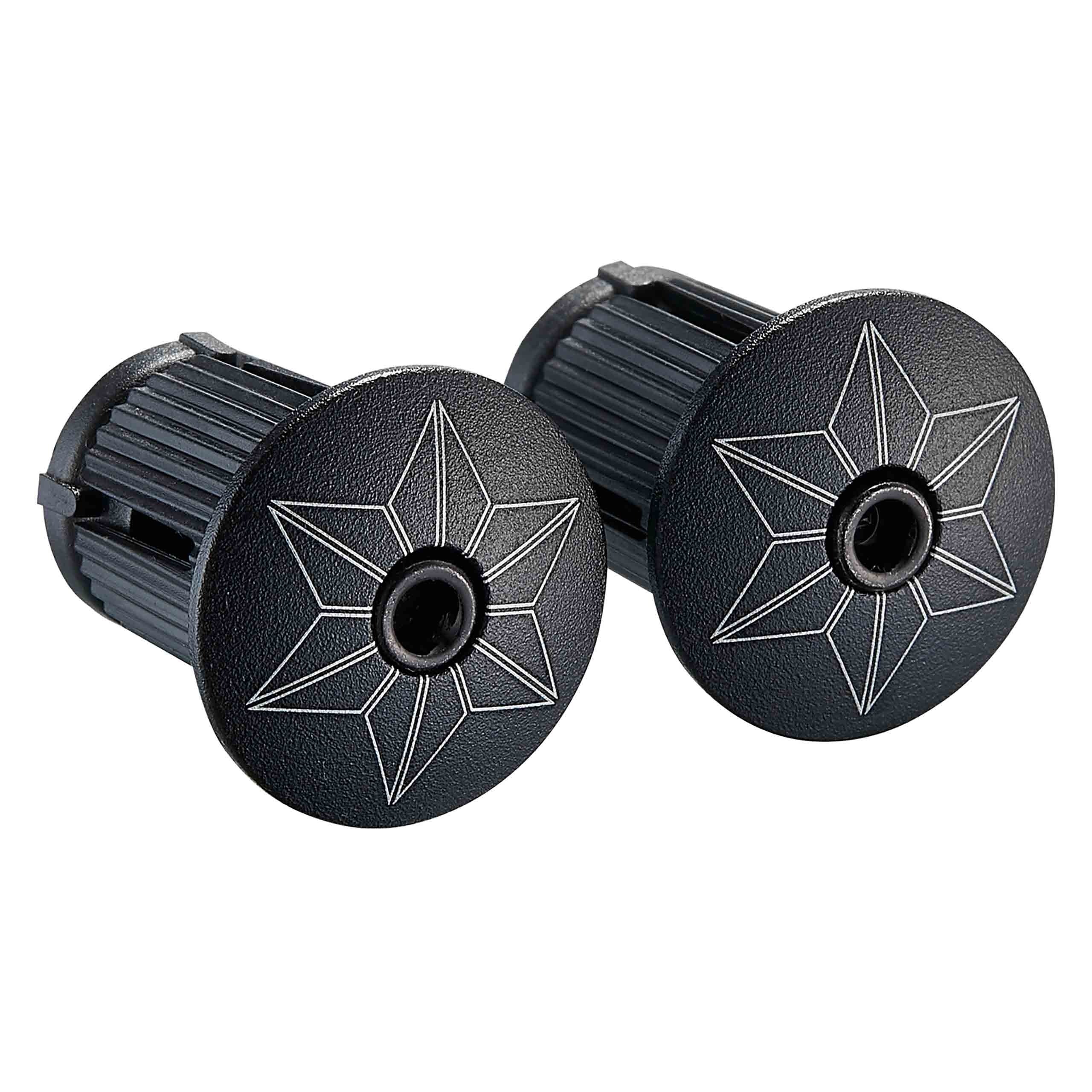 Two road bike bar end plugs with star design against a white background