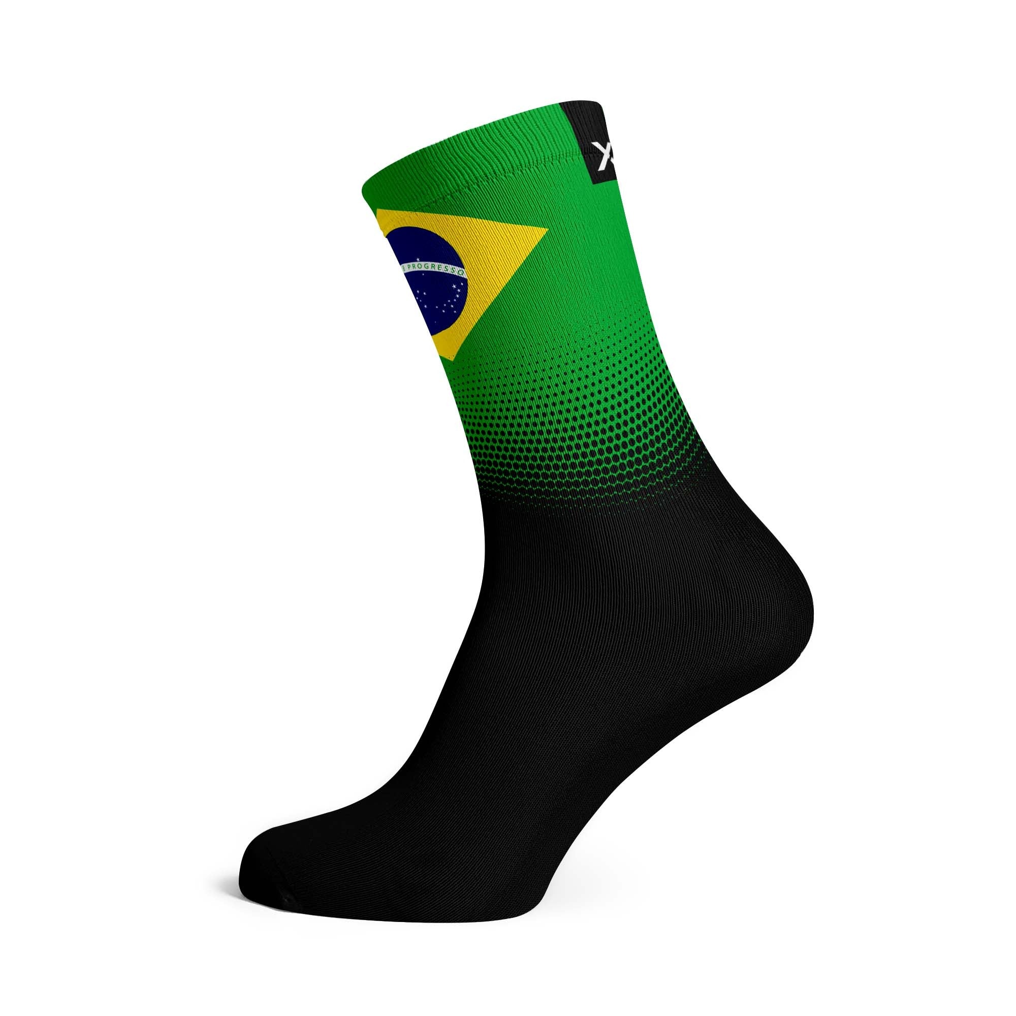 Cycling sock with featuring the Brazilian flag design on a white background