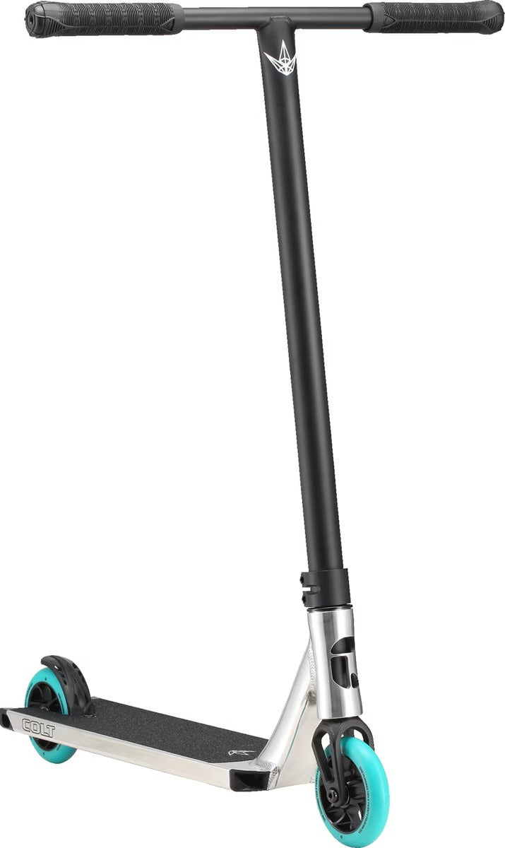 Black and silver Envy Colt Scooter with blue wheels on a white background