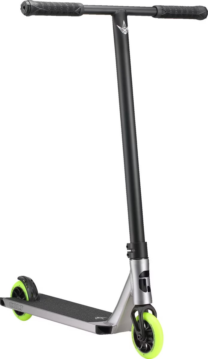 Black and silver Envy Colt scooter with green wheels on a white background