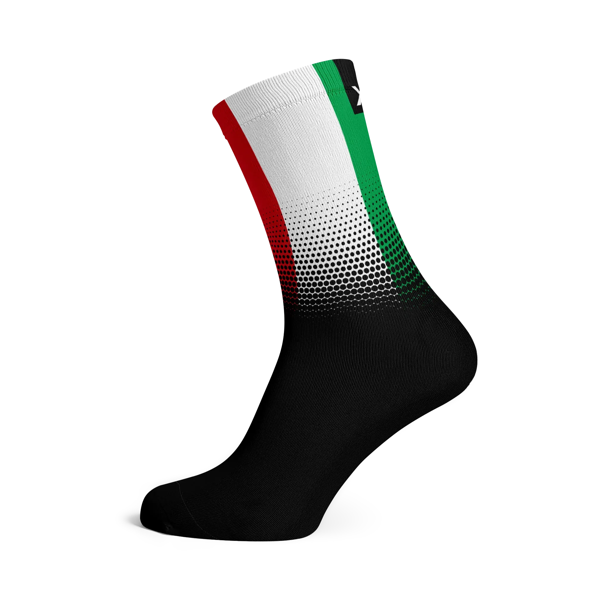 Black sock featuring the Italian Flag on a white background