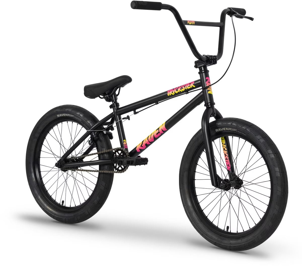 A black BMX bike with pink and yellow graphics on the frame, featuring a black handlebar, black saddle, and black tyres with 'Raven Trickster' branding, shown on a white background.