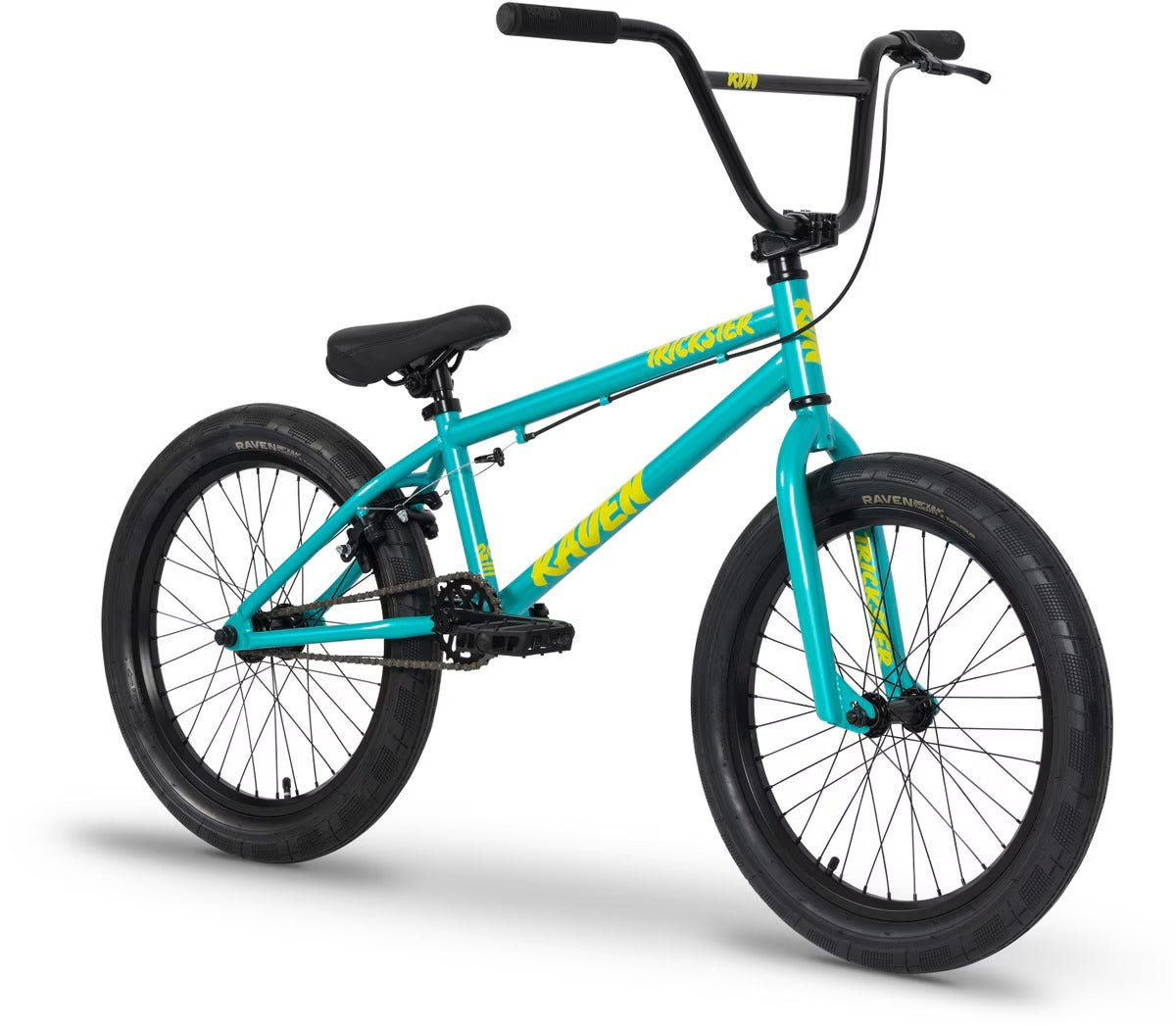 A turquoise Raven Trickster BMX with visible branding on frame on a white background