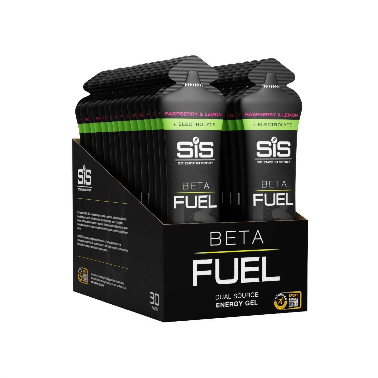 Display box of raspberry & lemon SIS Beta Fuel energy gels on a white background