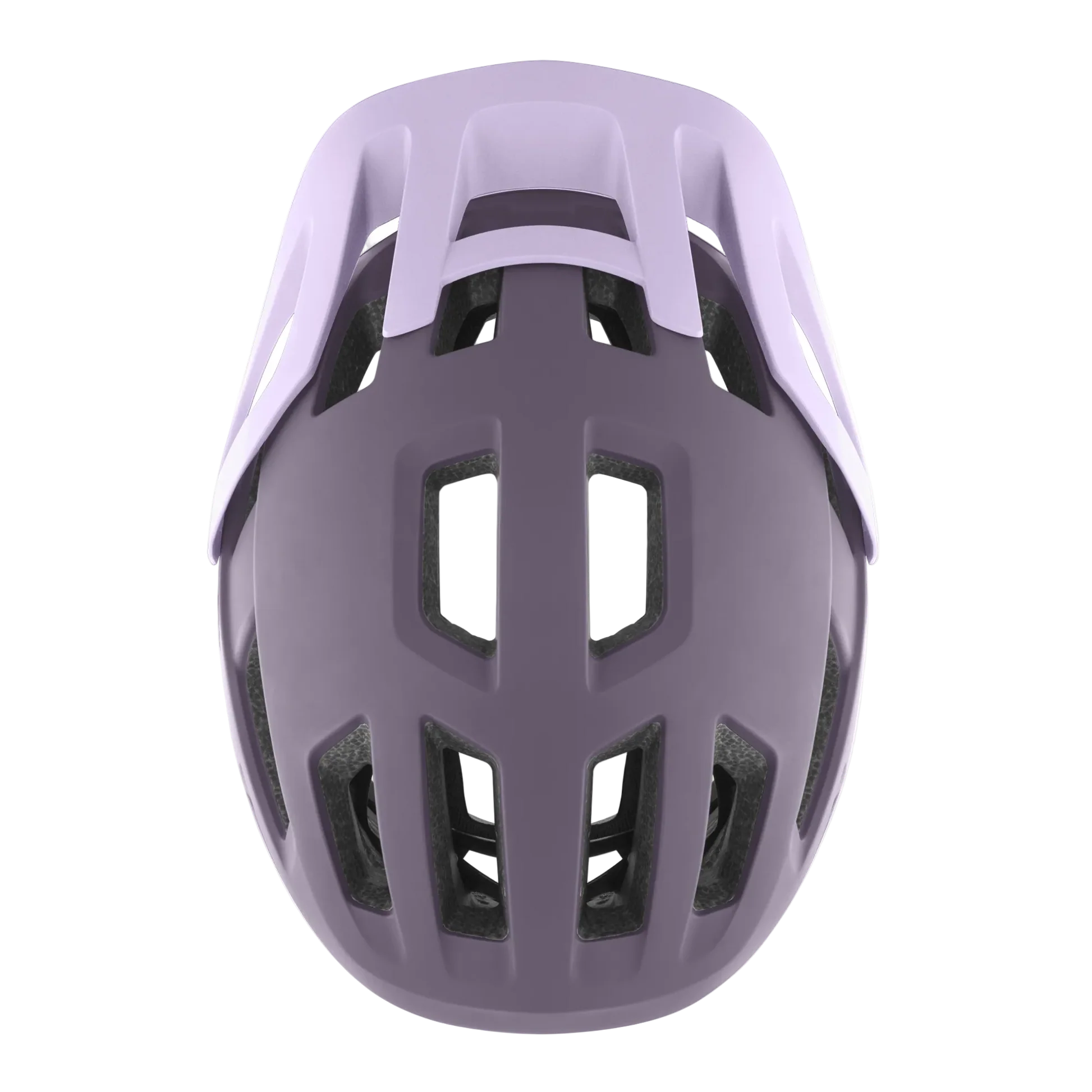 Top view of a purple mountain bike helmet with a lilac visor on a white background