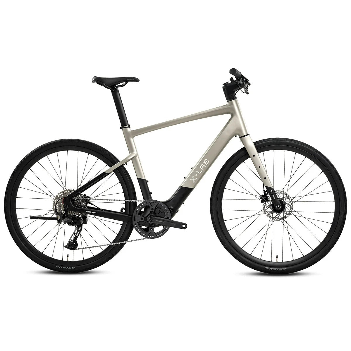 Beige and black X-Lab electric hybrid bike on a white background