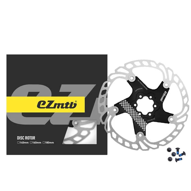 Disc rotor with mounting hardware and EZmtb branded packaging on a white background
