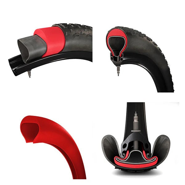 Dissections of tyres showing red inner tyre armour on a white background