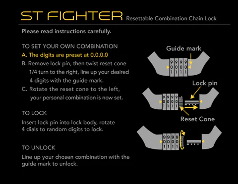 Instructions for setting a resettable combination bicyclechain lock on a black background