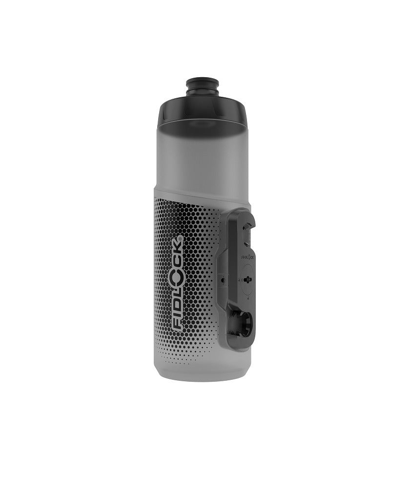 Gray and black water bottle with Fidlock branding on a white background