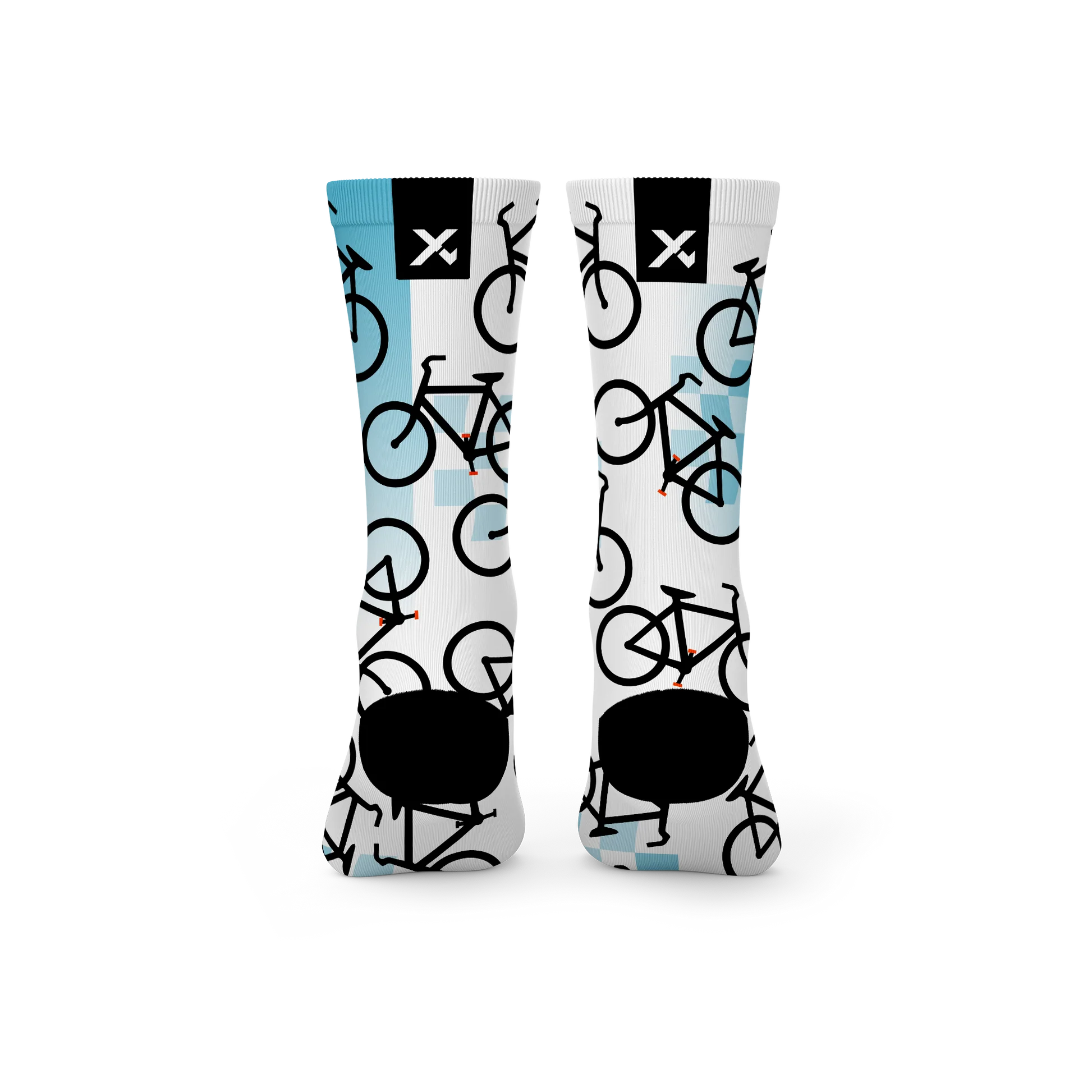 White and blue cycling socks with bikes on the print with black accents on a white background