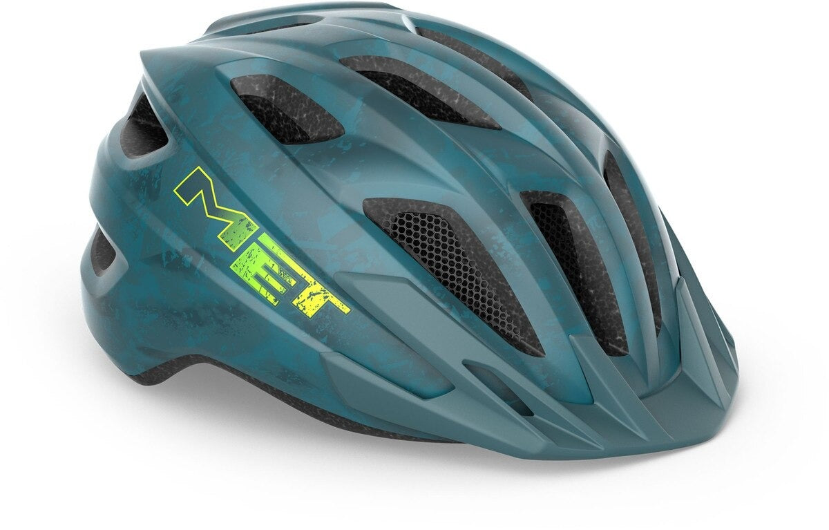 Teal helmet with a MET brand logo on a white background