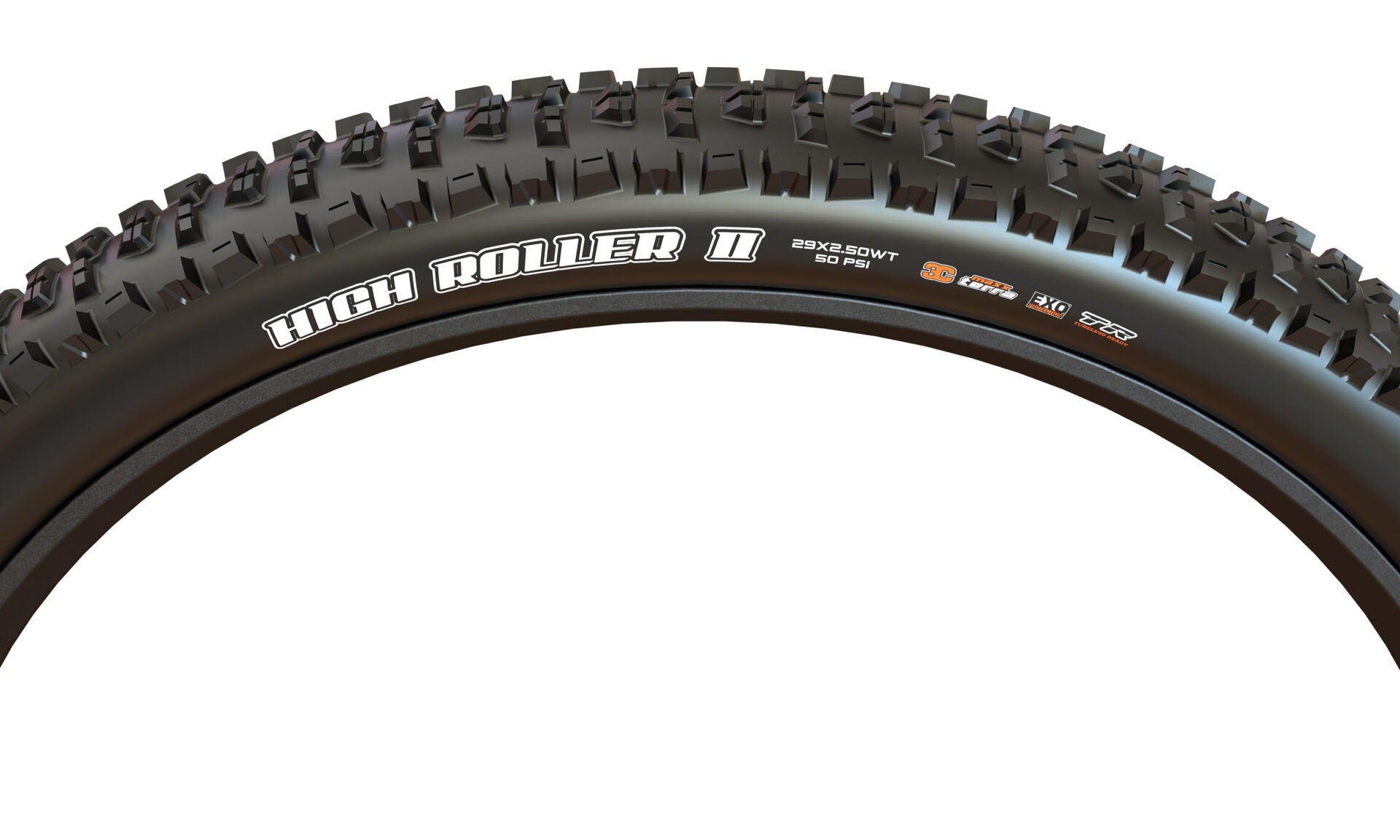 Close-up of a mountain bike tyre with tread pattern and branding on a white background