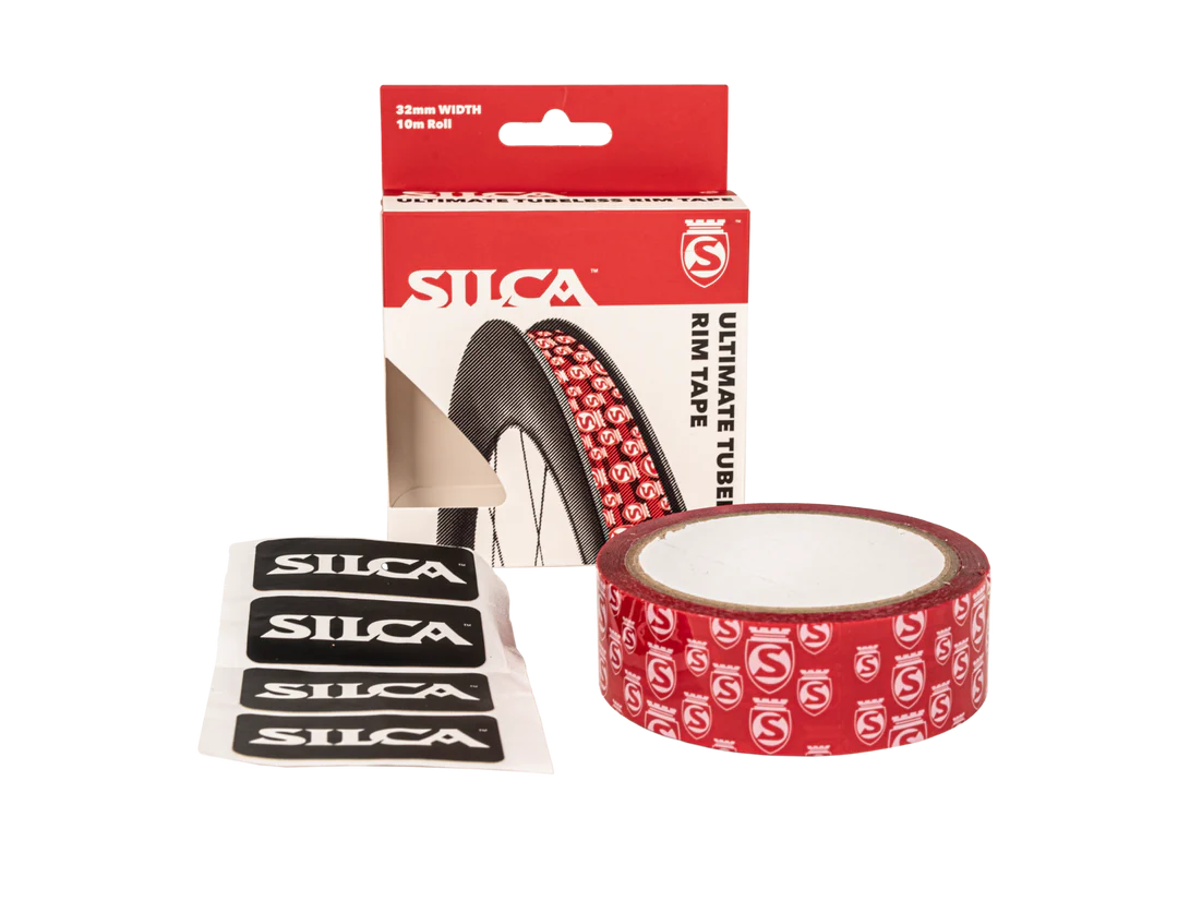 Silca tubeless rim tape with packaging and stickers on a white background