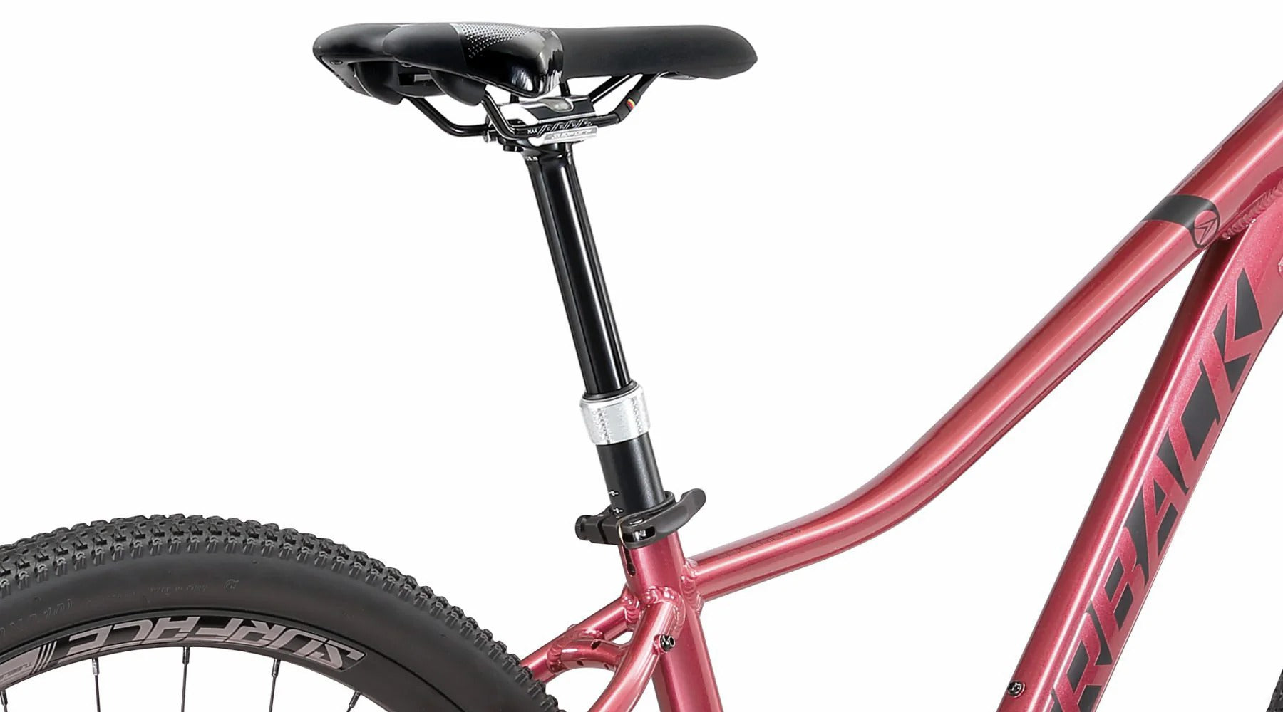 A close up of a Berry Pink Ladies Bike with a white background